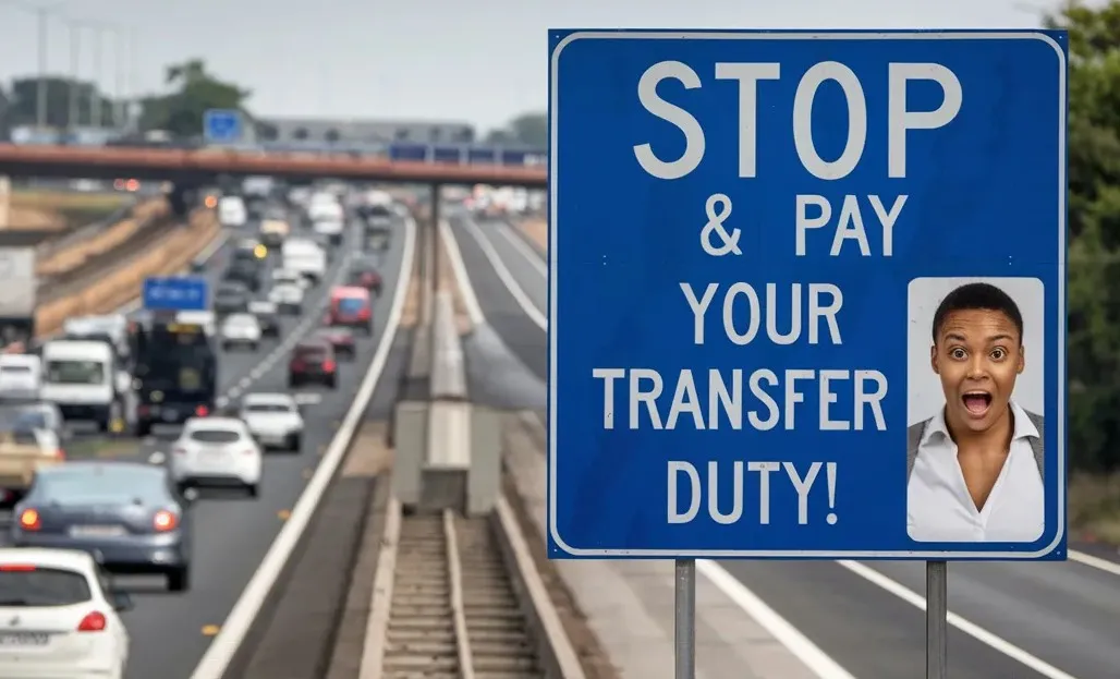 Roadsign by highway saying stop and pay your transfer duty