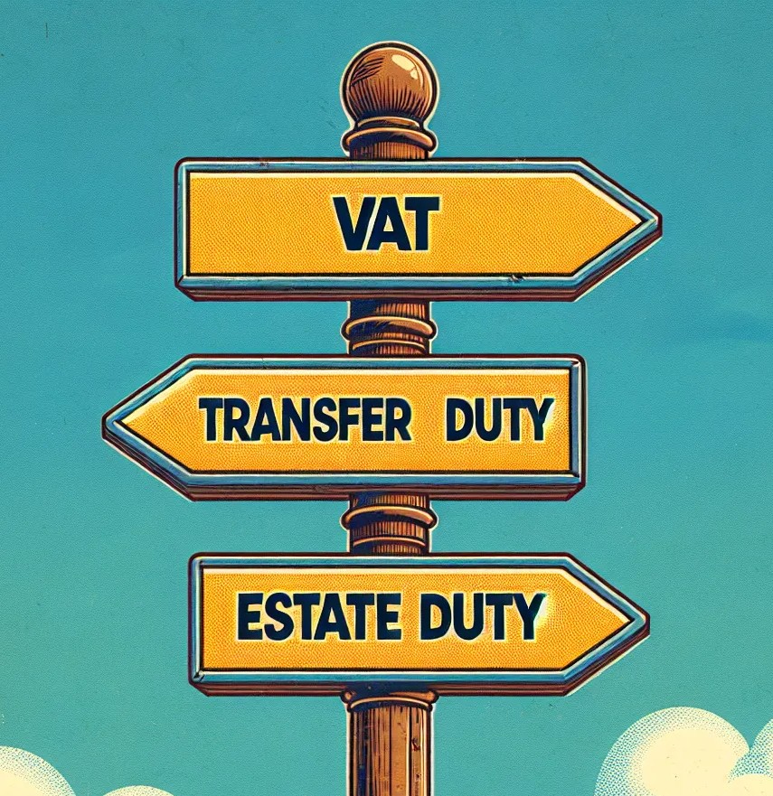 Pole with 3 signs - VAT, transfer duty and estate duty