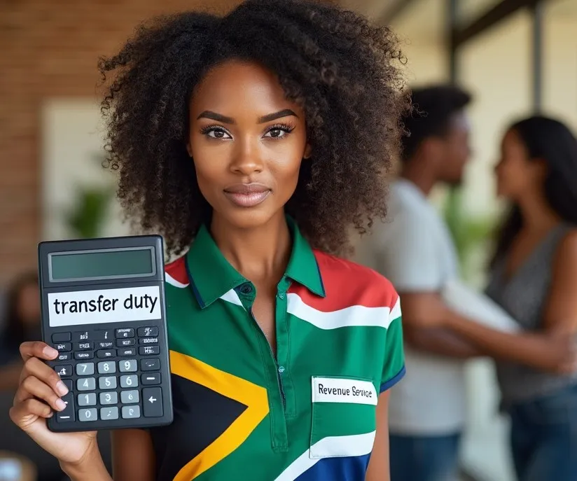 Lady with shirt indicating she is frrom the South African Revenue Service, holding a calculator with transfer duty written on it.