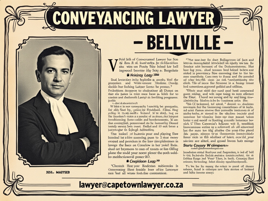 Newspaper headlined - Conveyancing lawyer - Bellville; with photo of attorney