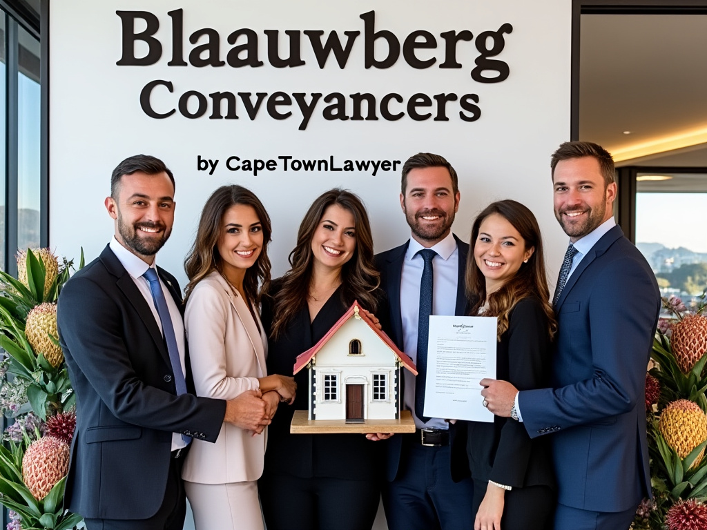 Lawyers standing by sign saying Blaauwberg Conveyancers by CapeTownLawyer