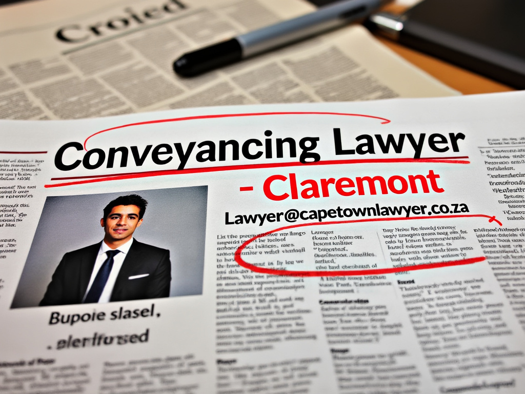 Newspaper headlined - Conveyancing Lawyer - Claremont with photo of attorney and email address