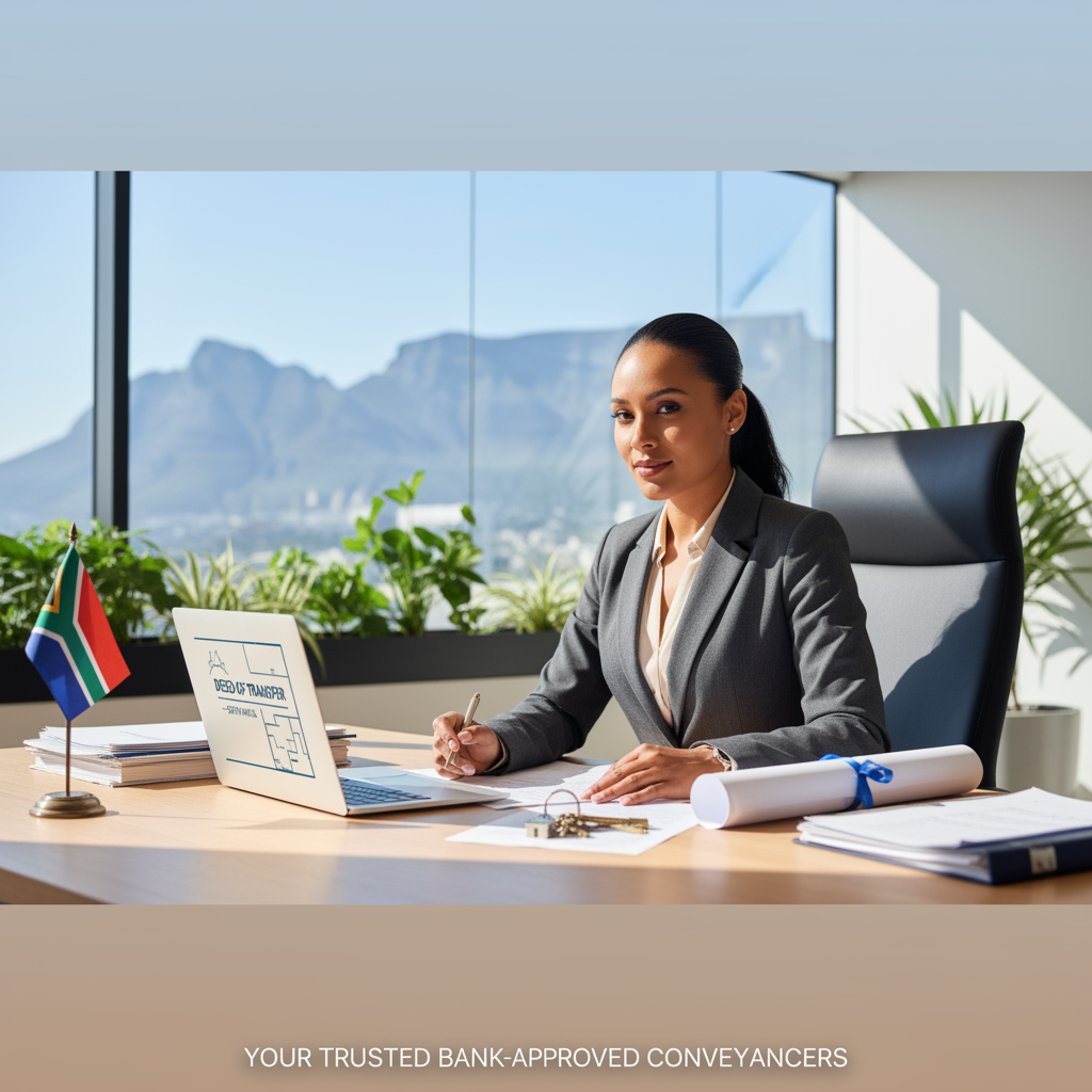 Bank approved conveyancer at desk processing bond registrations and property transfers