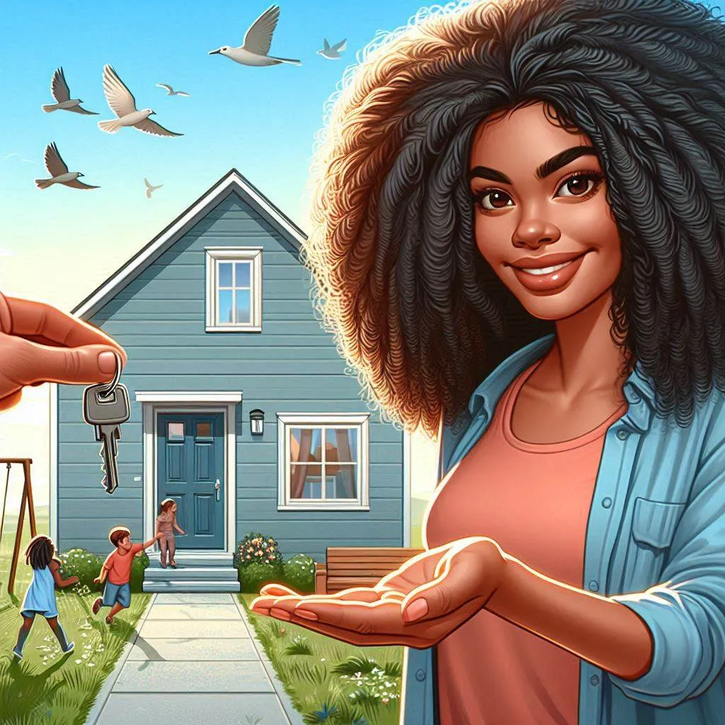 Lady receiving keys to a house, with children in background