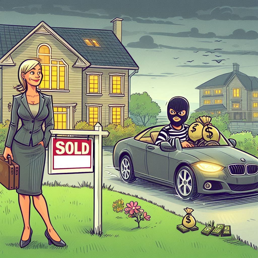 Lady standing outside house with a sold sign and criminal driving away
