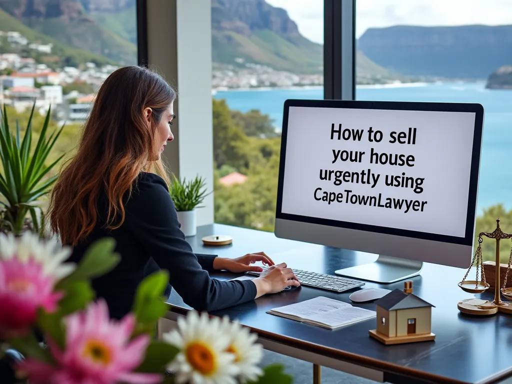 Person at desk and on computer it says How to sell your house urgently using CapeTownLawyer