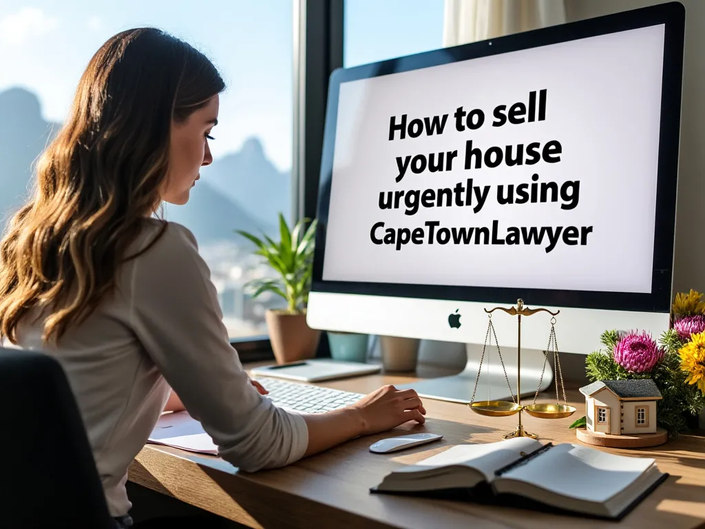 Person at computer screen which says How to sell your house urgently using CapeTownLawyer