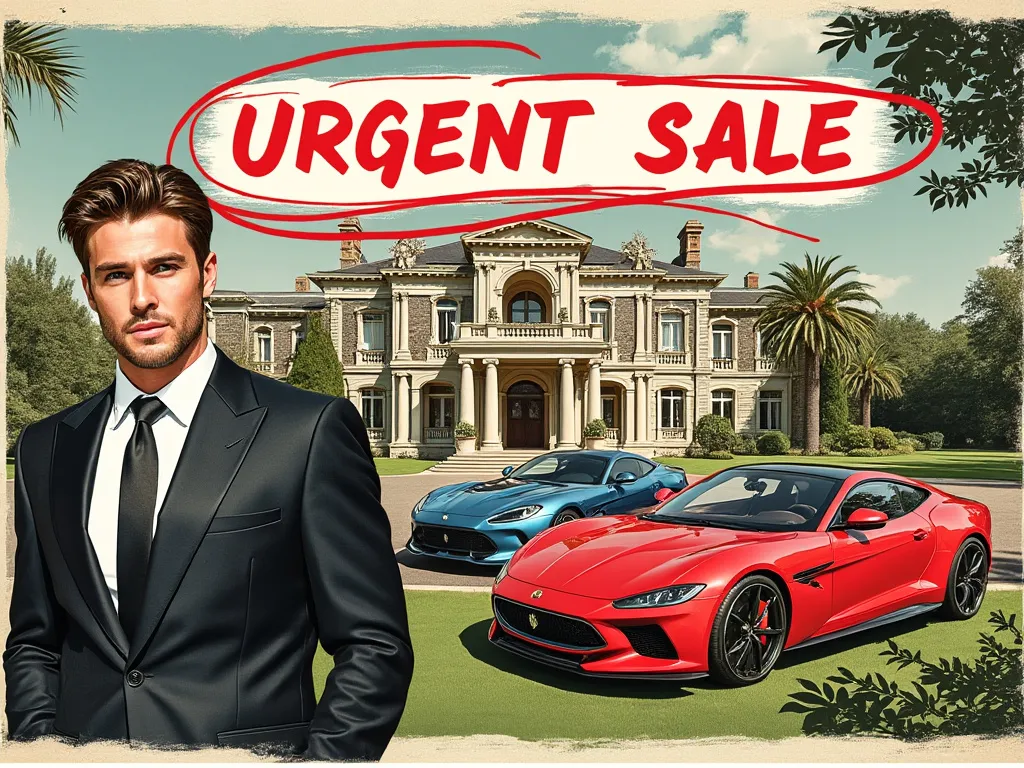Lawyer in front of mansion and URGENT SALE