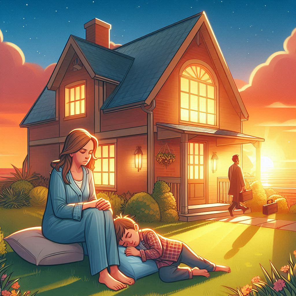 Mother with child sleeping outside a house