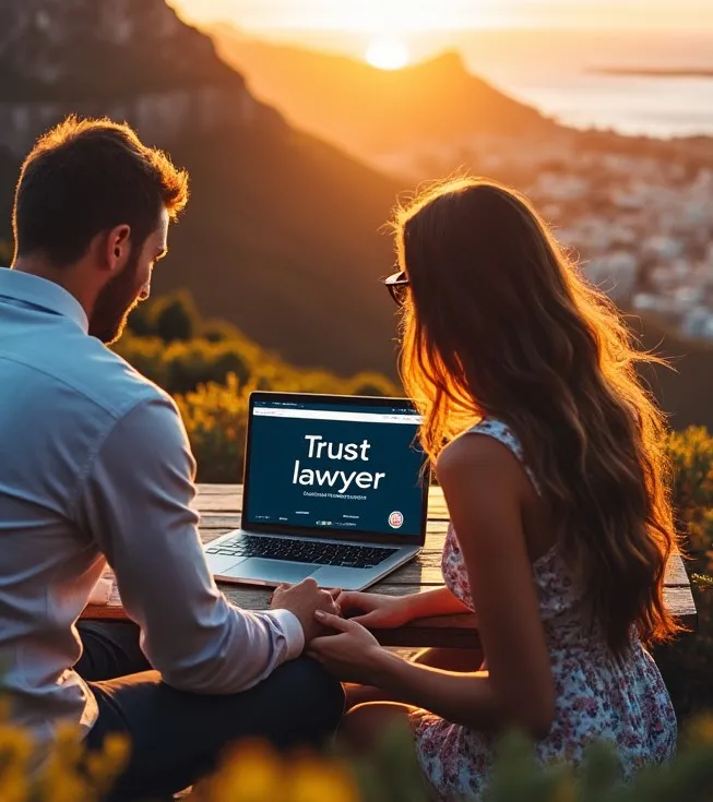 Trust lawyer being searched for on a computer whilst couple are on Table Mountain